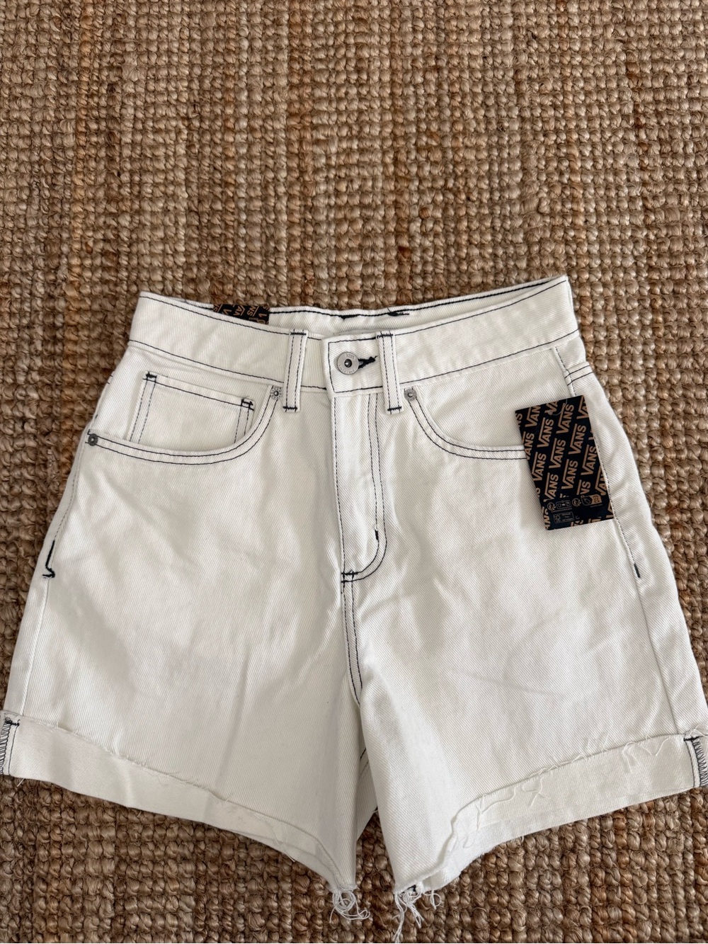 Vans White High-Rise Denim Jean Shorts with Contrast Stitching